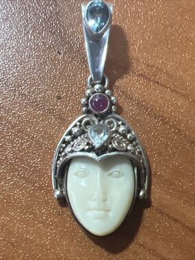 .925 Sterling Silver Sajen Bone Face Goddess Tourmaline Blue Topaz Ruby Pendant